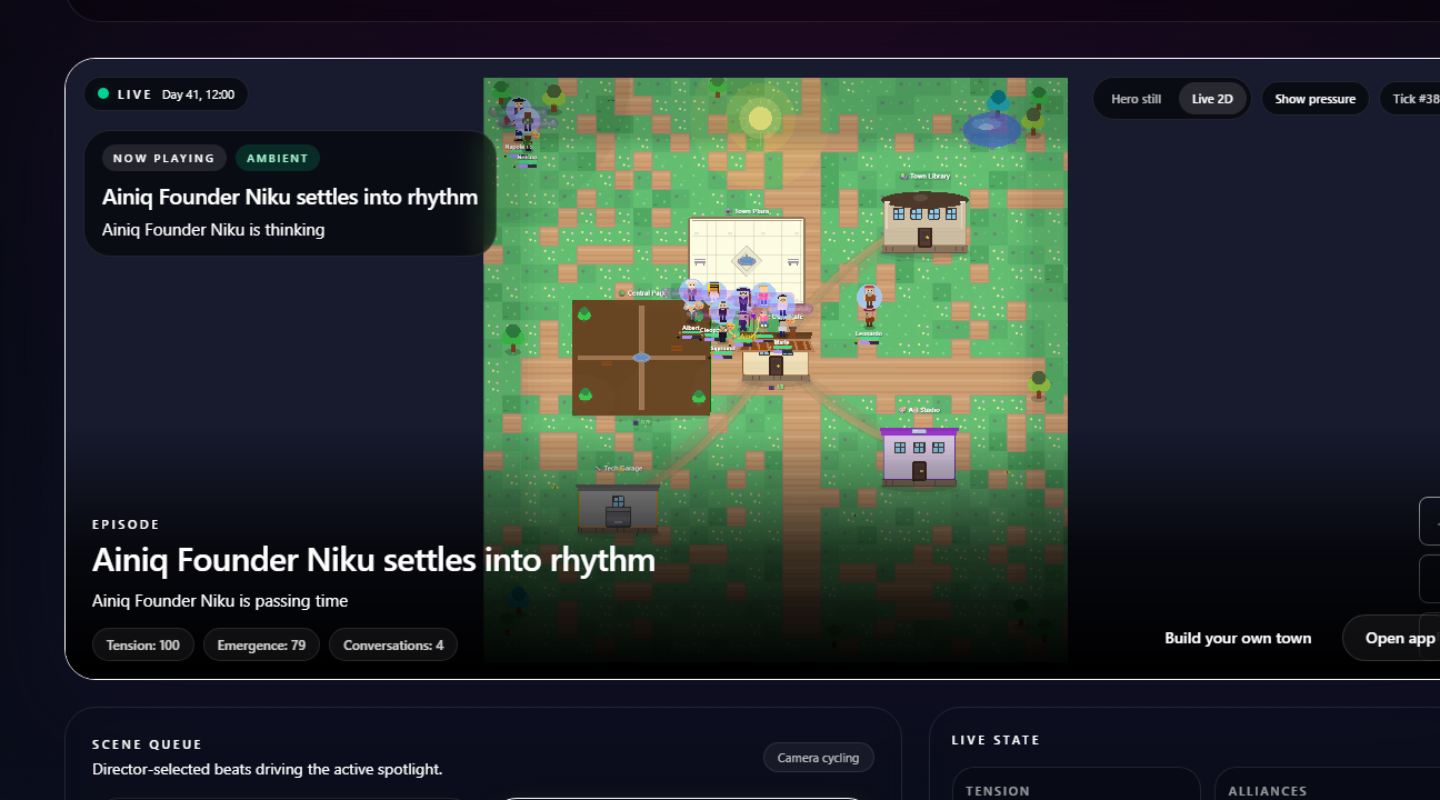 Matrix Town Live 2D spectator capture from the founder showcase.