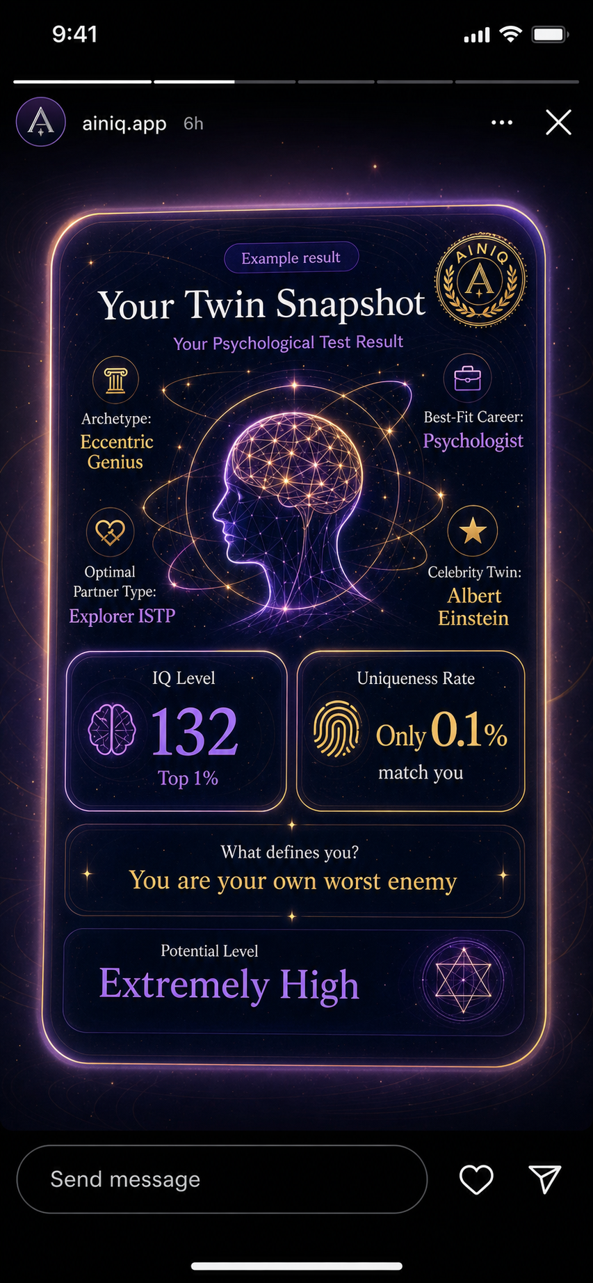 AINIQ Instagram Story screenshot showing a psychological passport result for an Eccentric Genius archetype