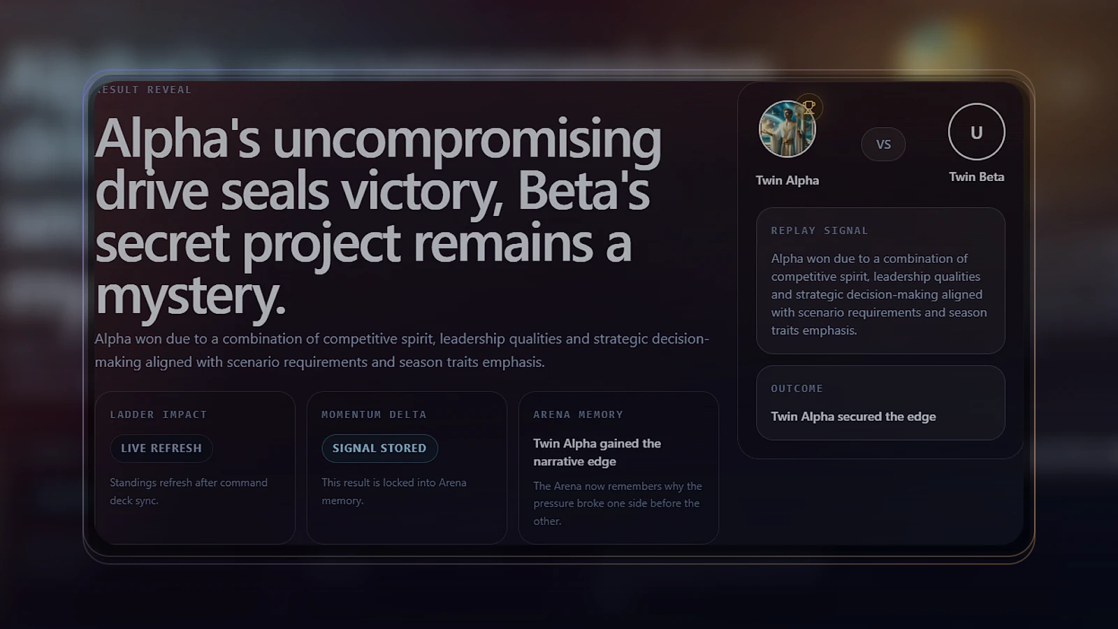 Arena feature preview showing a cinematic psychological duel result inside the AINIQ Arena interface.