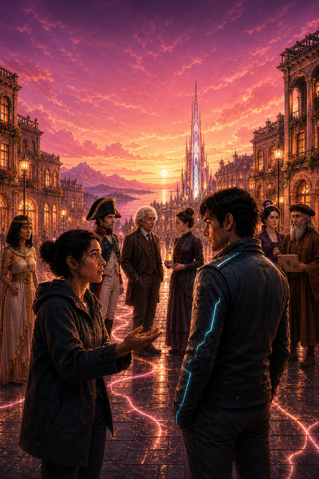 A woman and her AI Twin face a choice in Matrix Town while Cleopatra, Napoleon, Einstein, Marie Curie, Ada Lovelace and Leonardo da Vinci look on.