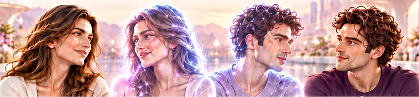 A woman and man with their matching holographic AI Twins between them.
